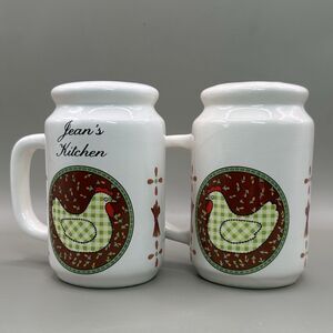 Vtg Jeans Kitchen Ceramic Chicken Salt Pepper Shaker Set Farmhouse Country MCM